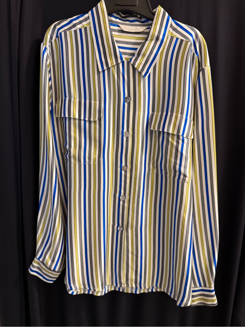 Vertical Stripe Button-Down Shirt in Blue, Olive & White